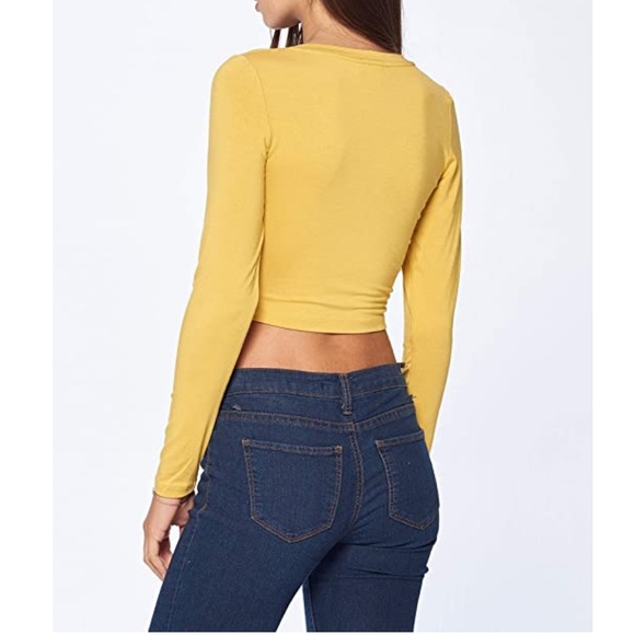 Mustard Sunny Yellow Long Sleeves V Neck Crop Top - Picture 4 of 4